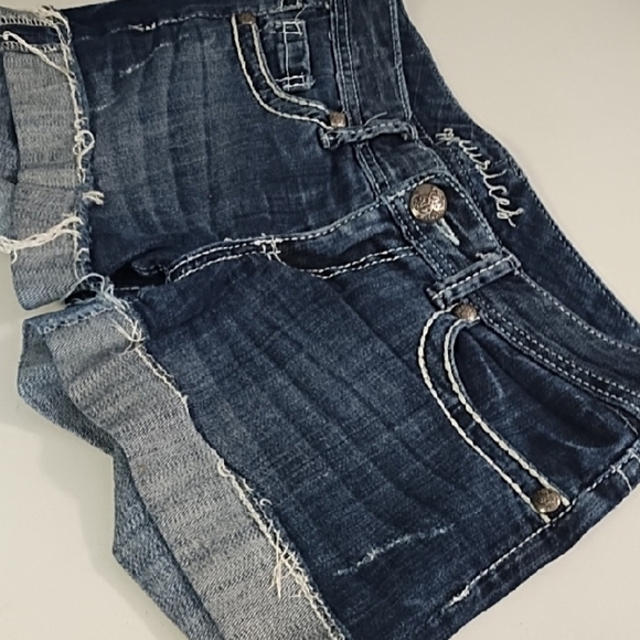 Dark Blue Jean Shorts with Frayed Cudded Hem and Decorative Stitching - Picture 14 of 15